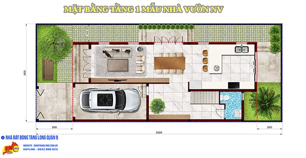 Mặt bằng tầng 1 mẫu nhà vườn NV