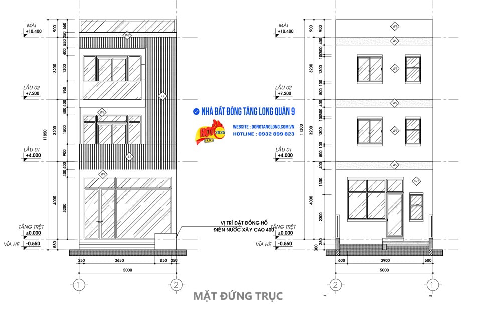 Mặt cắt đứng thiết kế shophouse