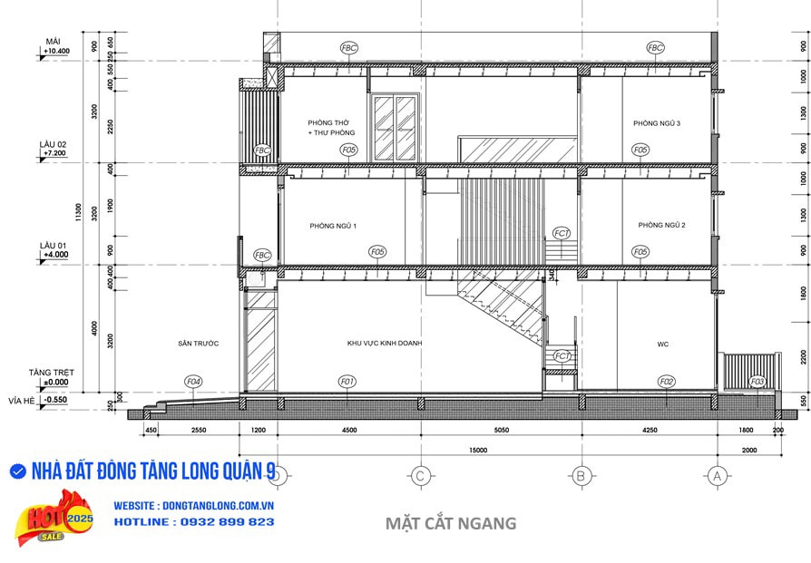 Mặt cắt ngang thiết kế shophouse