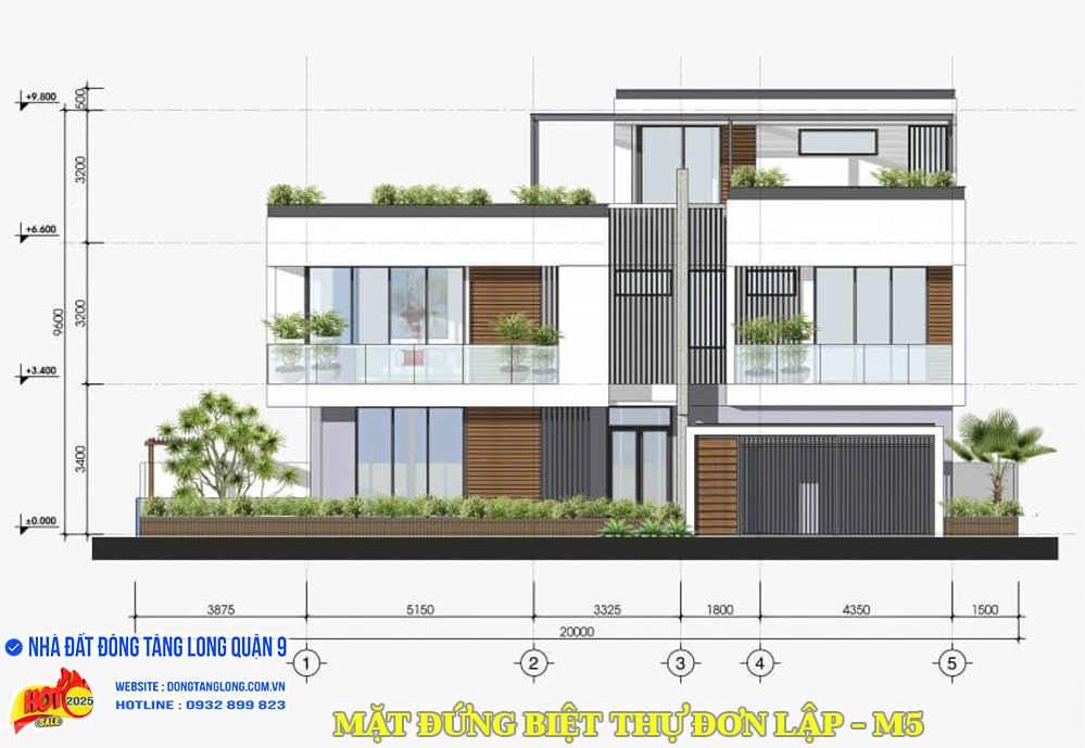 Mặt đứng trục biệt thự đơn lập M5